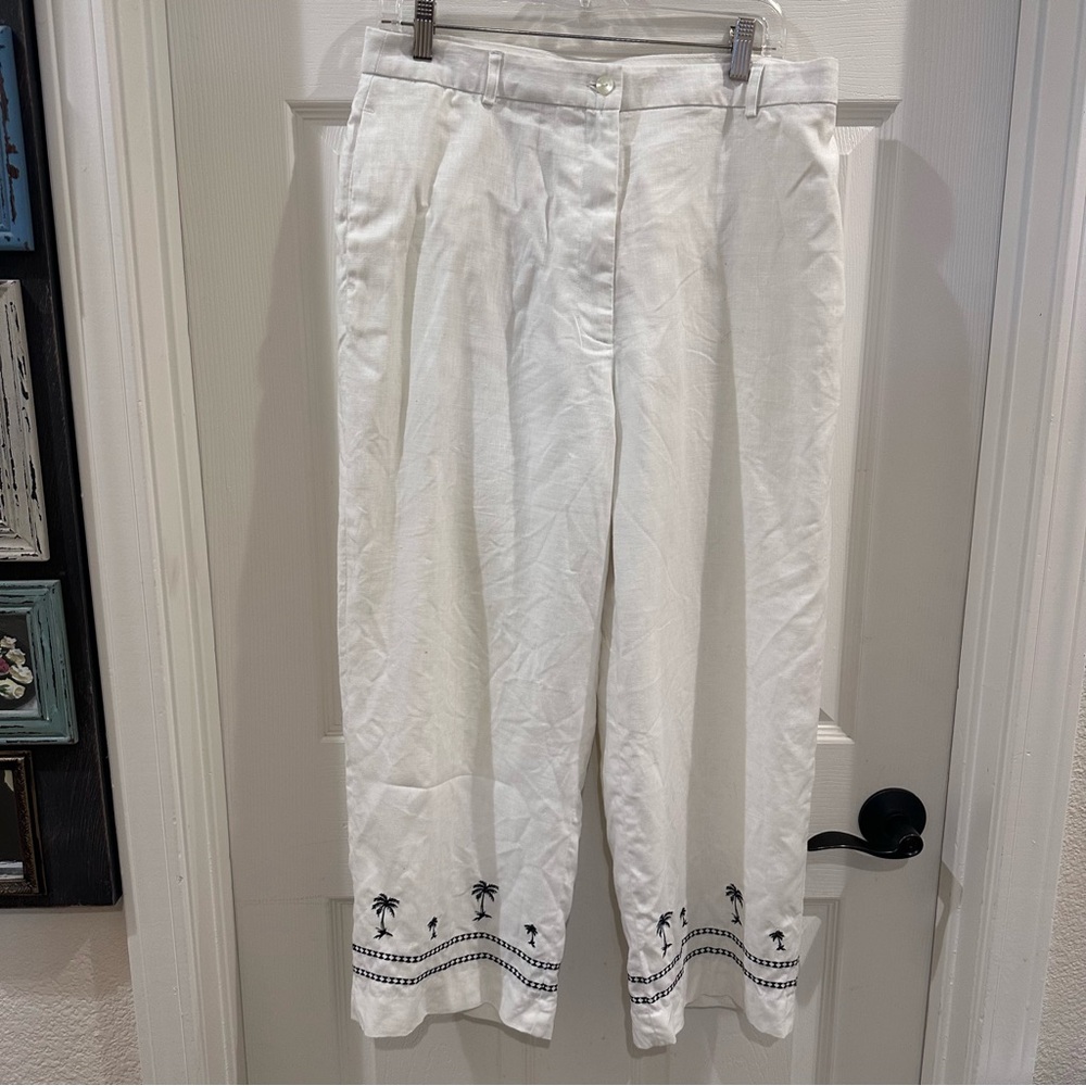 Jillian Jones White Linen Pants with Palm Tree Embroidery size 12